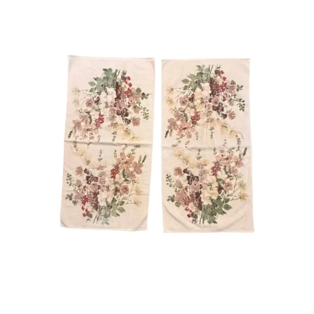Vintage 70s 80s Cannon Royal Family Bath Towels Pink Floral Cream Green Cottage
